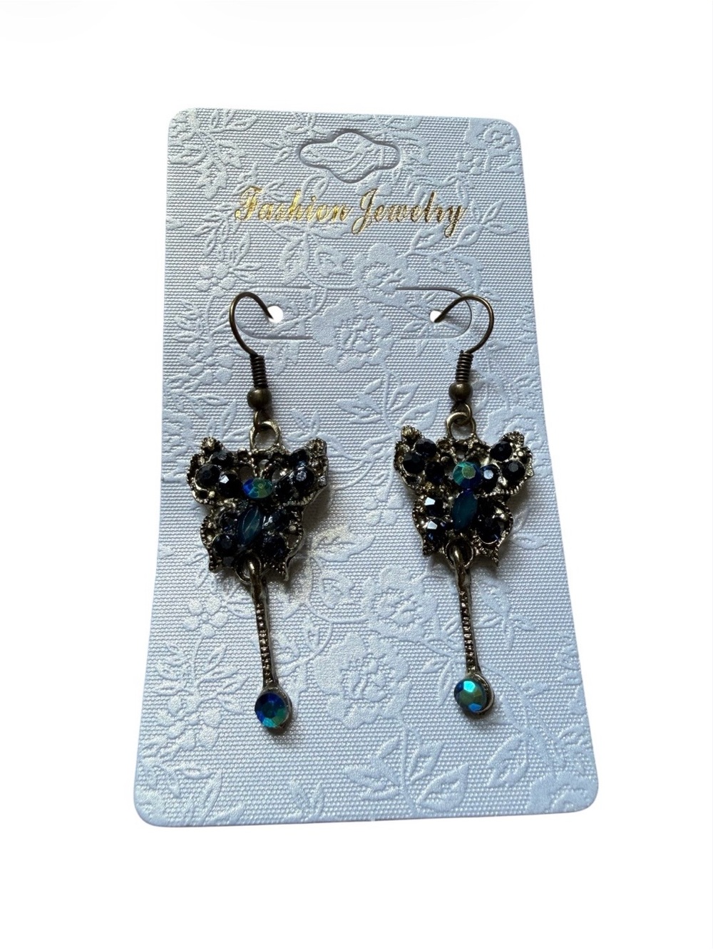 Fashion Jewelry Dark Colored Rhinestone Butterfly Dangle Earrings